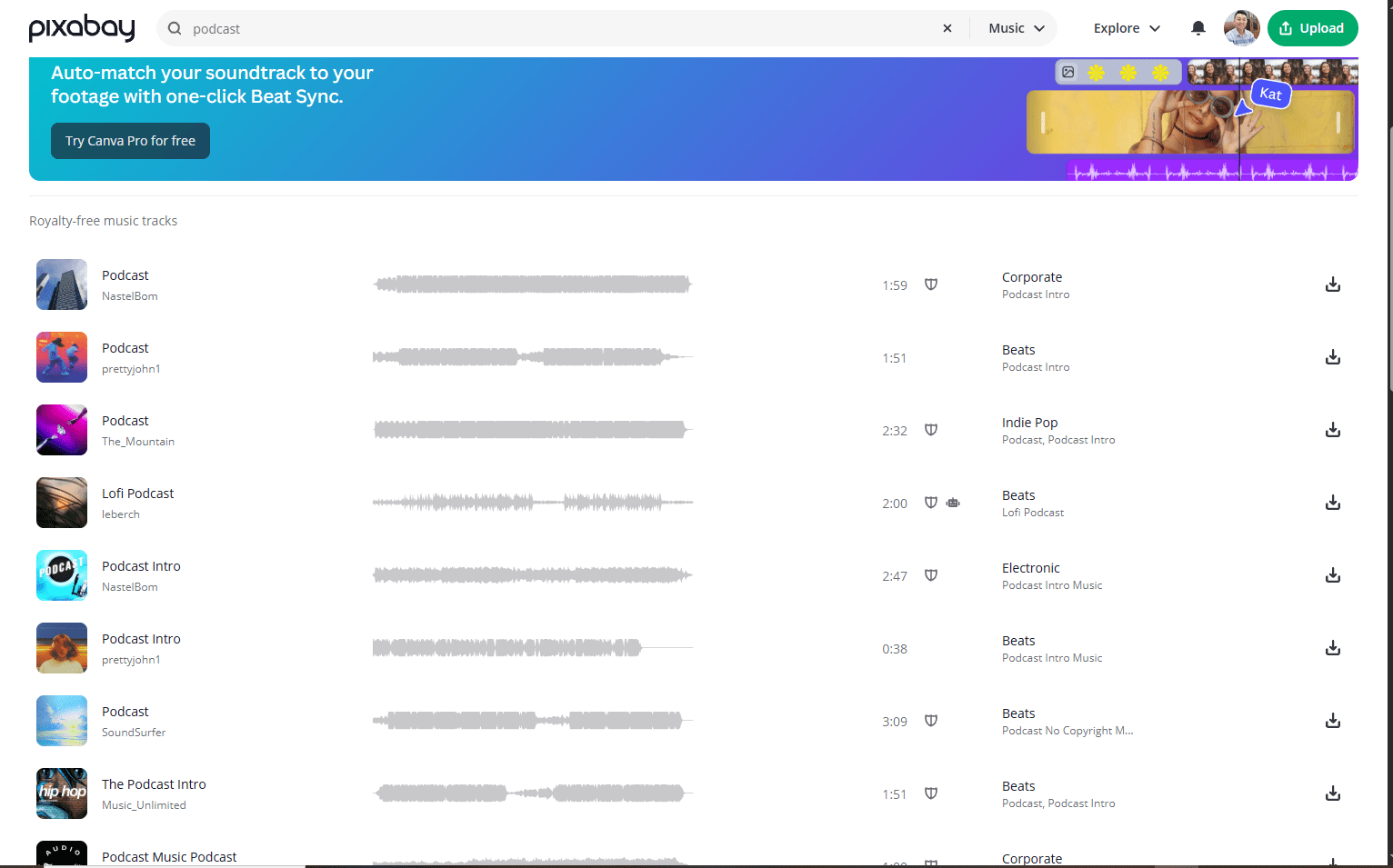 Pixabay Music — Free Royalty-Free Podcast Music Library Pixabay Music search results showing 39,484+ free royalty-free podcast music tracks with no copyright — Step 4 of the AI podcast workflow using ElevenLabs