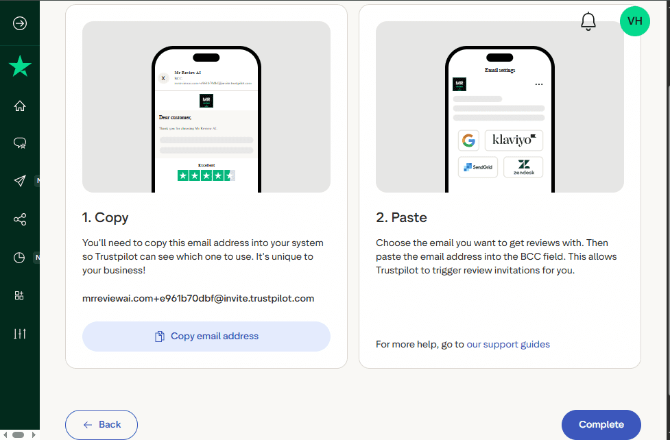 Trustpilot AFS Automatic Feedback Service BCC email setup - mrreviewai.com unique BCC address