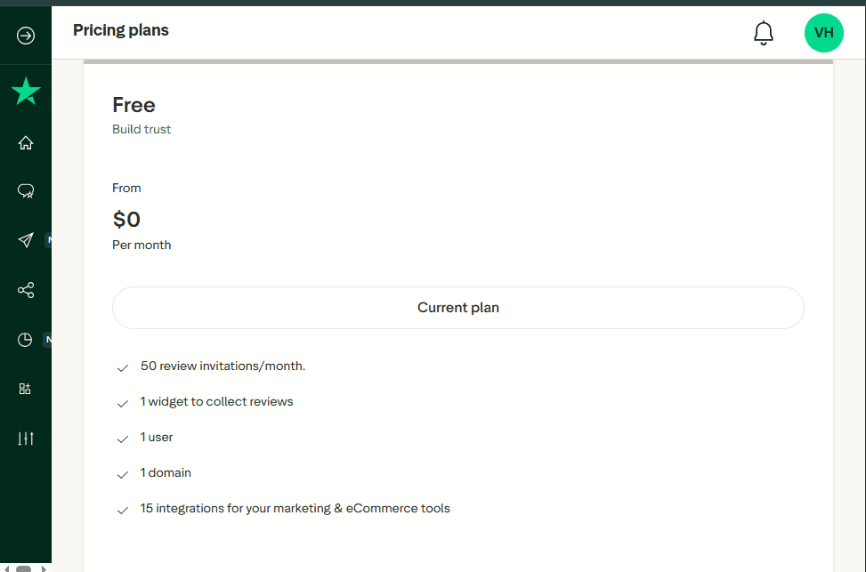 Trustpilot Free Plan pricing - $0/month features
