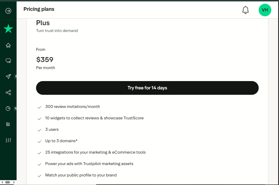 Trustpilot Plus Plan pricing - $359/month features