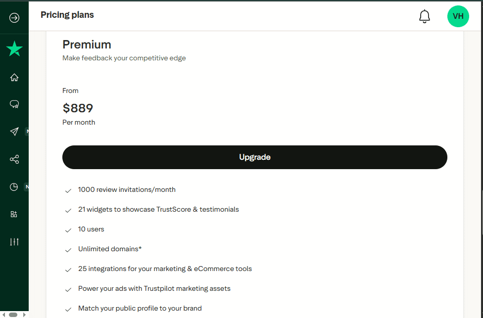 Trustpilot Premium Plan pricing - $889/month features