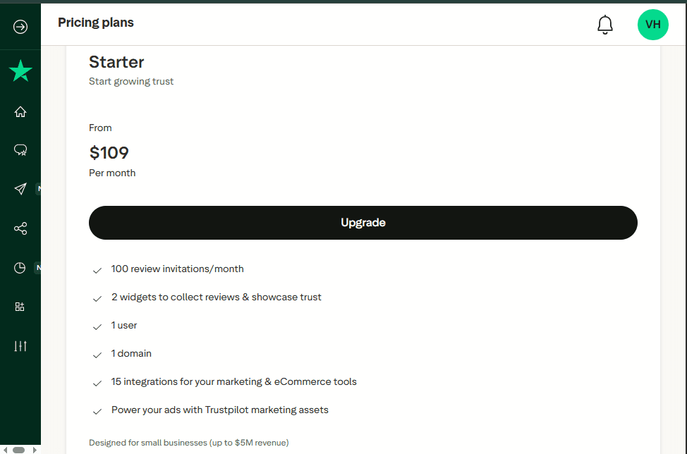 Trustpilot Starter Plan pricing - $109/month features