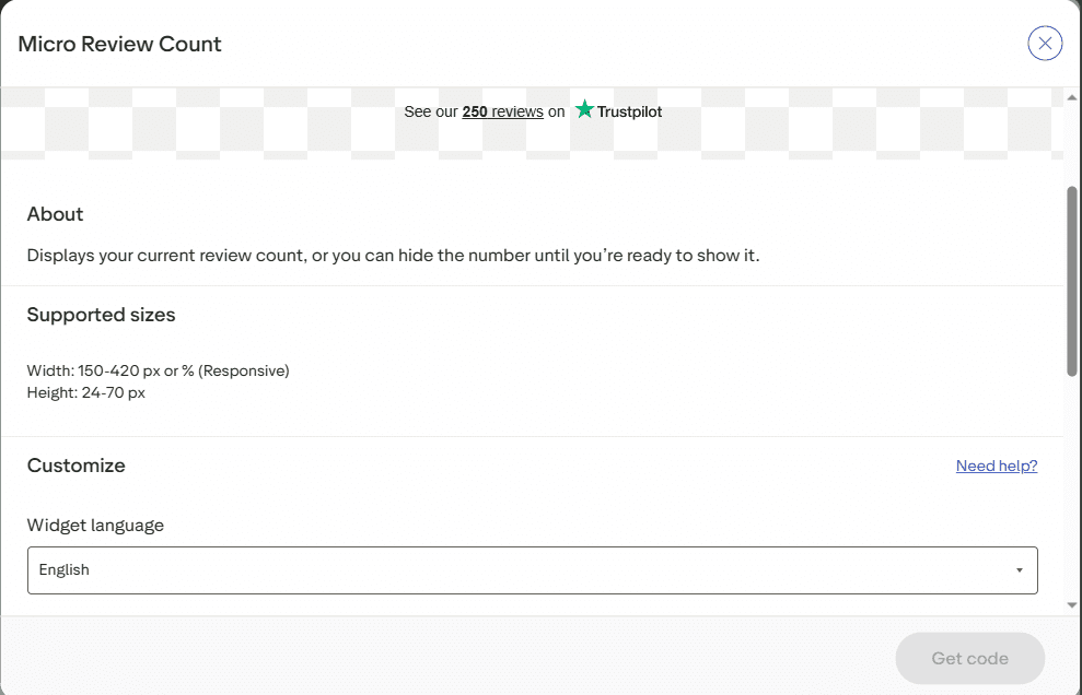 Trustpilot TrustBox widget builder showing Micro Review Count widget customize options and Get code button