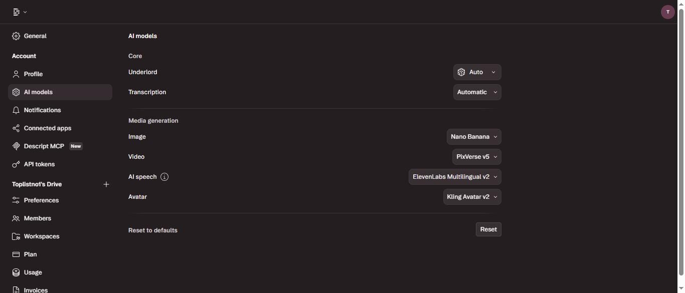 Descript AI Models settings showing ElevenLabs Multilingual v2 as AI speech engine