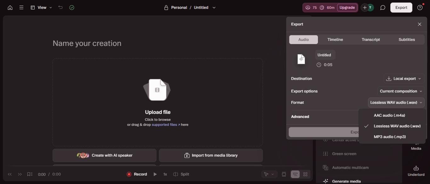 Descript export format dropdown showing AAC WAV and MP3 audio formats all free with no paywall