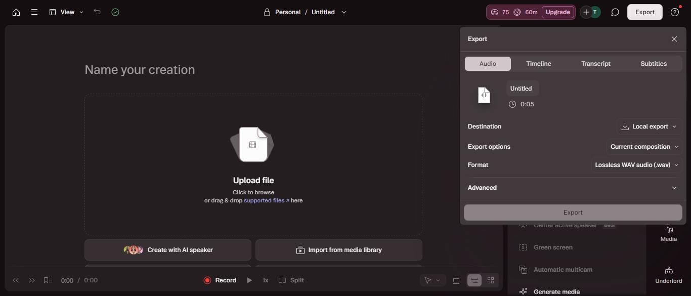 Descript Export panel showing Audio Timeline Transcript and Subtitles tabs all accessible on free plan with no upgrade wall