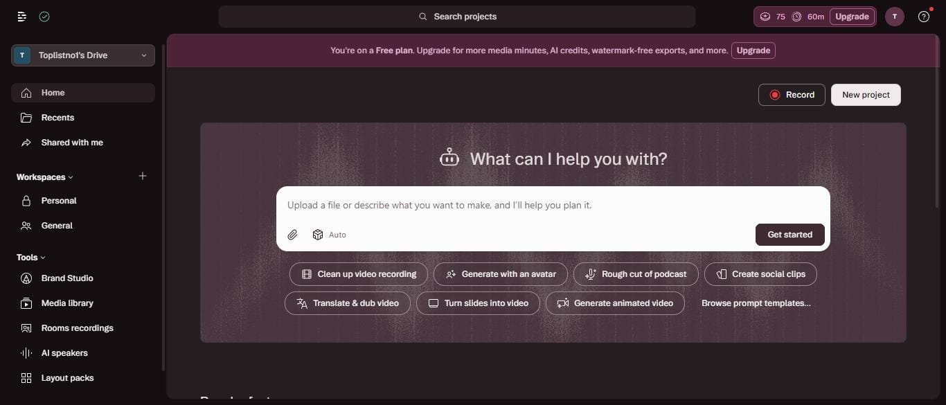 Descript free plan home page showing 75 AI credits remaining and Free plan banner — tested July 2026