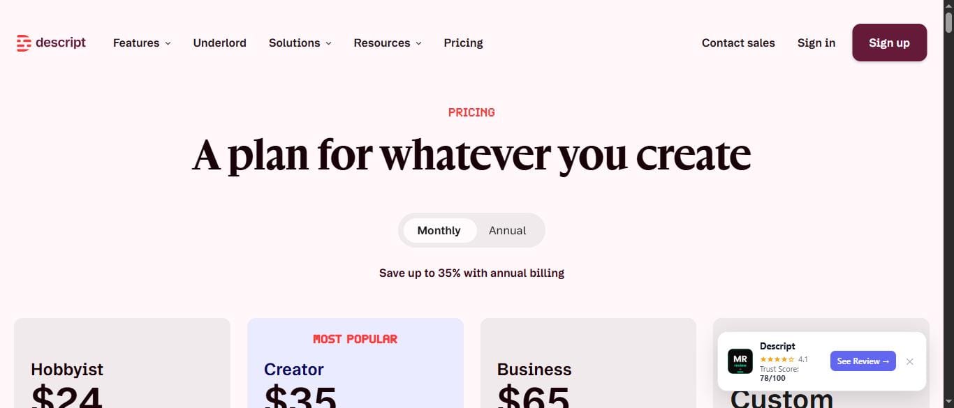 Descript pricing page July 2026 monthly billing Hobbyist 24 dollars Creator 35 dollars Business 65 dollars per month