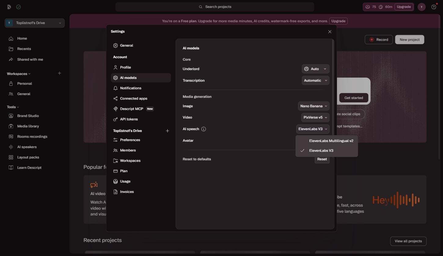 Descript Settings → AI Models showing ElevenLabs V3 as default AI speech engine with checkmark — July 2026