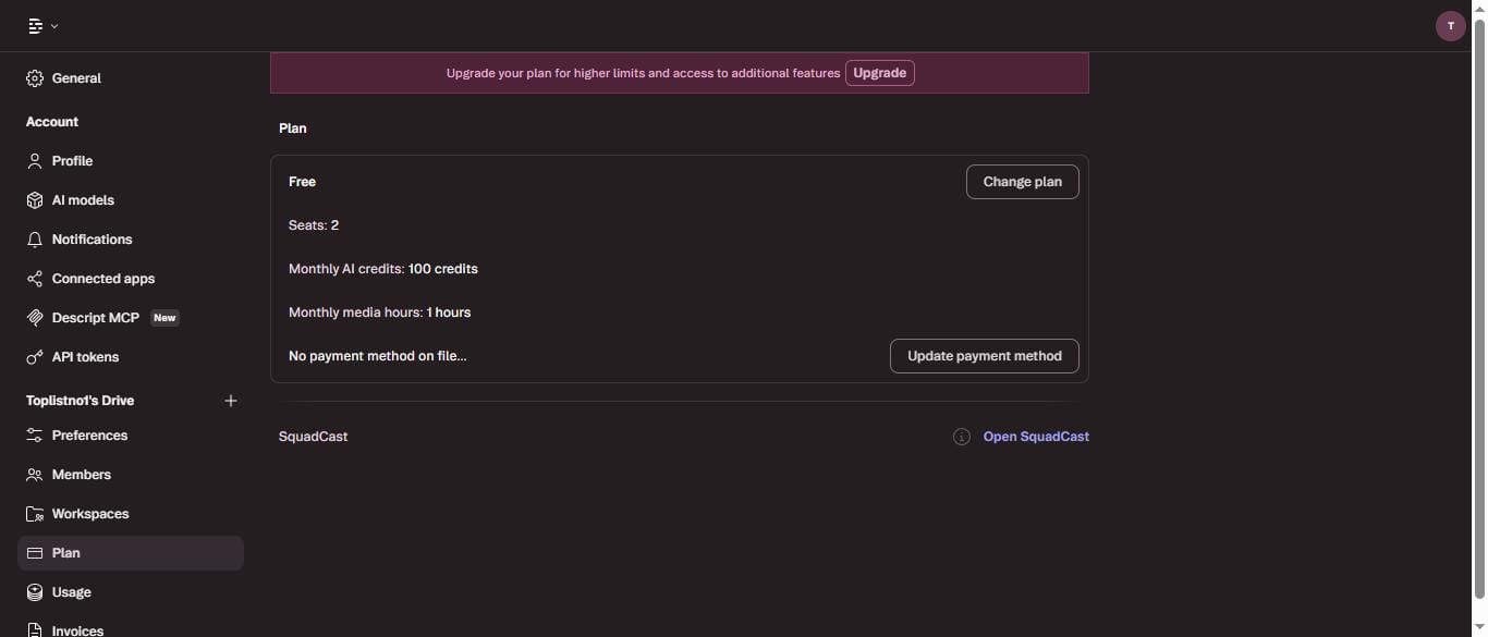 Descript Settings Plan page showing Free plan with 100 AI credits and 1 hour of media per month