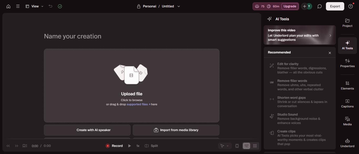 Descript video editor AI Tools panel showing Sound good tools including Edit for clarity Remove filler words Studio Sound