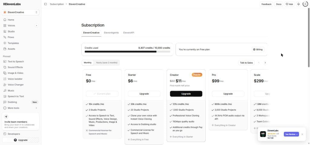 ElevenLabs subscription page showing 8407 of 10000 credits used on free plan — currently on free plan