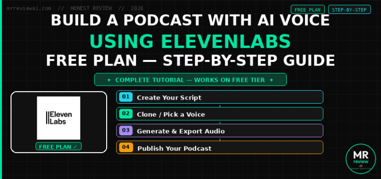 How to build a podcast with AI voice using ElevenLabs free plan — step-by-step guide: Create Script, Clone Voice, Generate Audio, Publish Podcast. Tested at mrreviewai.com.