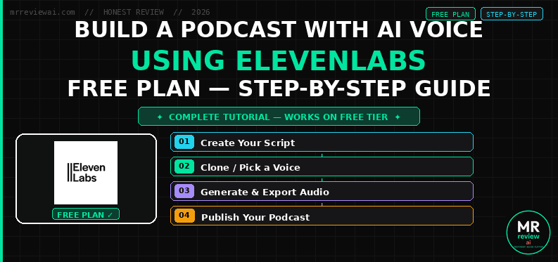 How to build a podcast with AI voice using ElevenLabs free plan — step-by-step guide: Create Script, Clone Voice, Generate Audio, Publish Podcast. Tested at mrreviewai.com.
