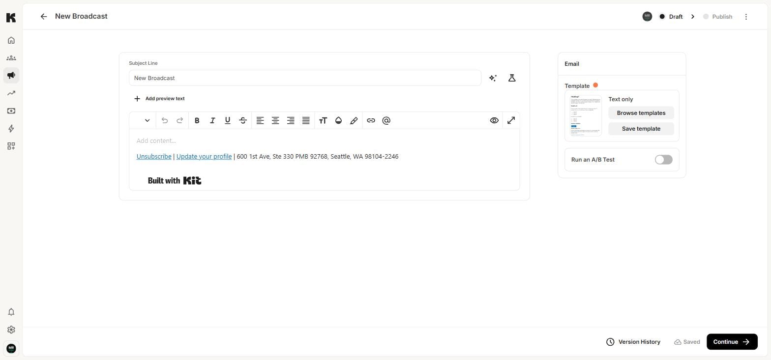 Kit.com broadcast email editor on free plan — clean text-based editor for creator emails, June 2026