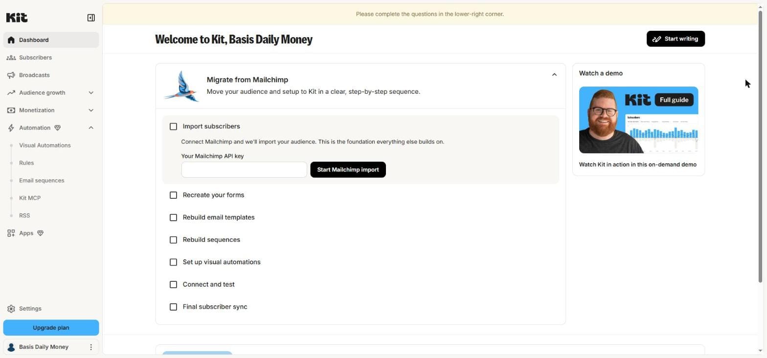 Kit.com dashboard showing Migrate from Mailchimp checklist and account approval required banner — fresh free account test July 2026
