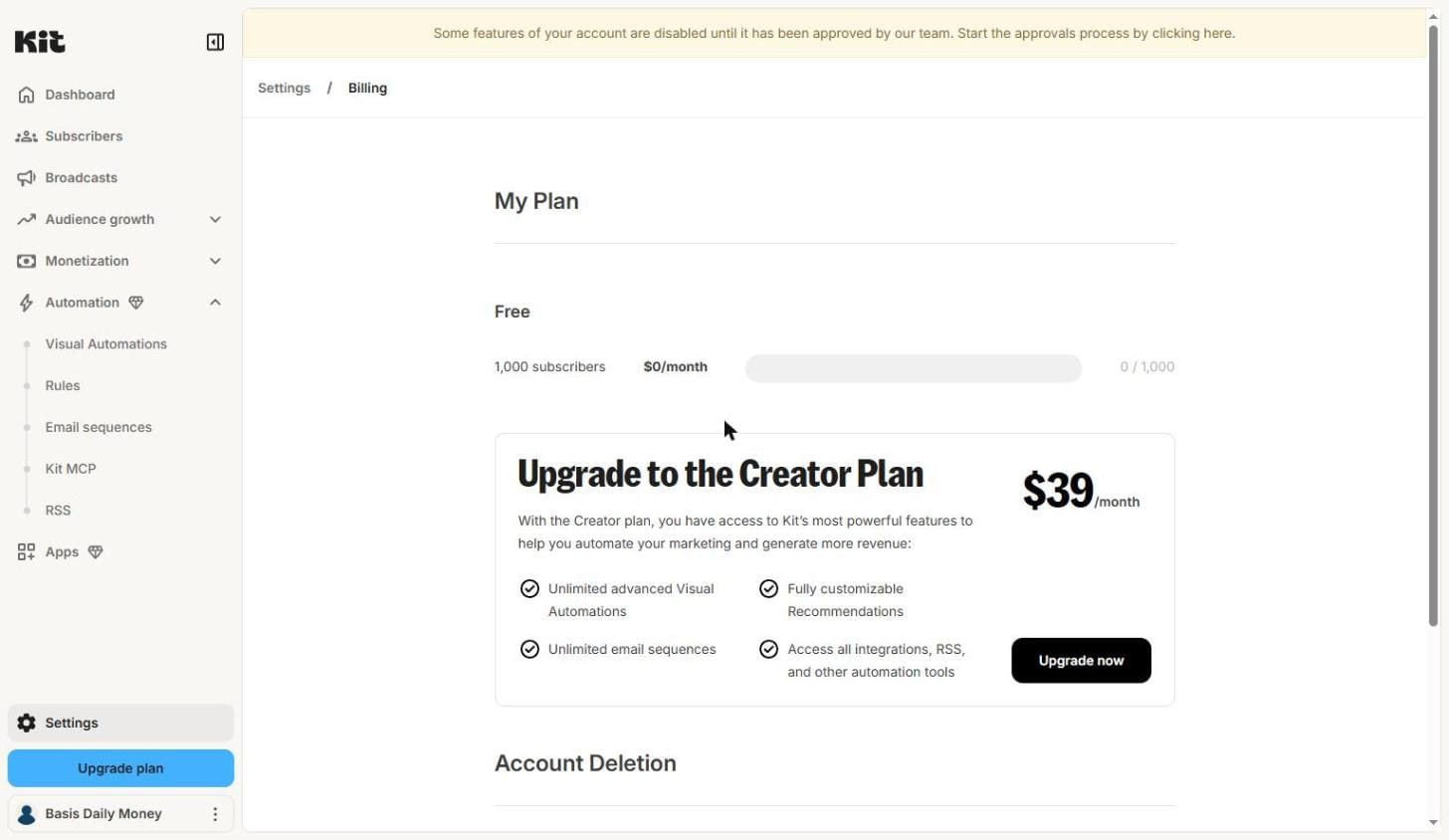 Kit.com billing dashboard fresh free account showing Free plan 1000 subscribers $0 per month 0 of 1000 used after cancelling Creator trial July 1 2026