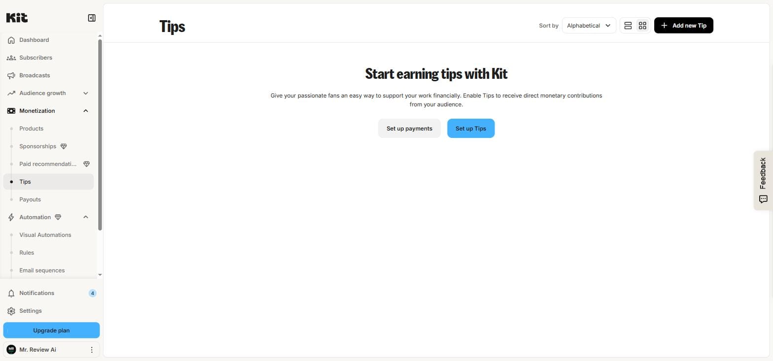 Kit.com tips page on free plan — earn tips from subscribers at no paywall, June 2026