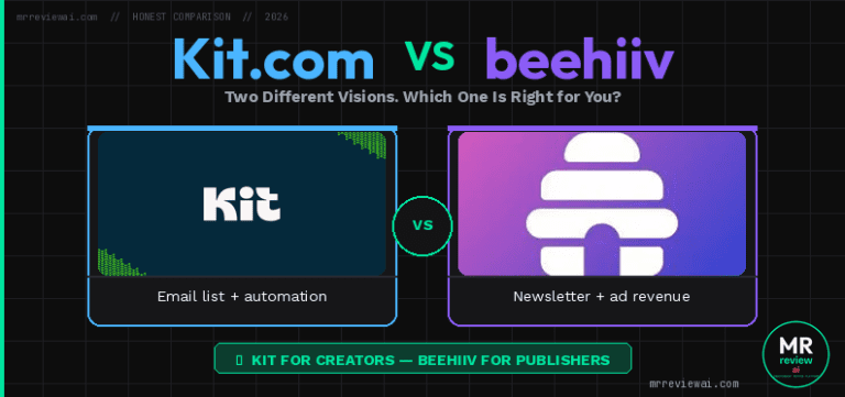 Kit.com vs beehiiv free plan comparison 2026 — Kit for email list and automation, beehiiv for newsletter publishing and ad revenue. Honest comparison tested July 2026 — mrreviewai.com