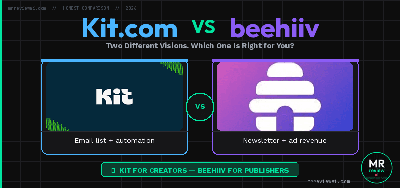 Kit.com vs beehiiv free plan comparison 2026 — Kit for email list and automation, beehiiv for newsletter publishing and ad revenue. Honest comparison tested July 2026 — mrreviewai.com