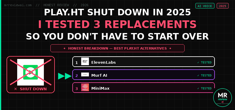 Play.ht shut down in 2025 — I tested 3 replacements: ElevenLabs, Murf AI, and MiniMax Audio. Honest breakdown at mrreviewai.com.